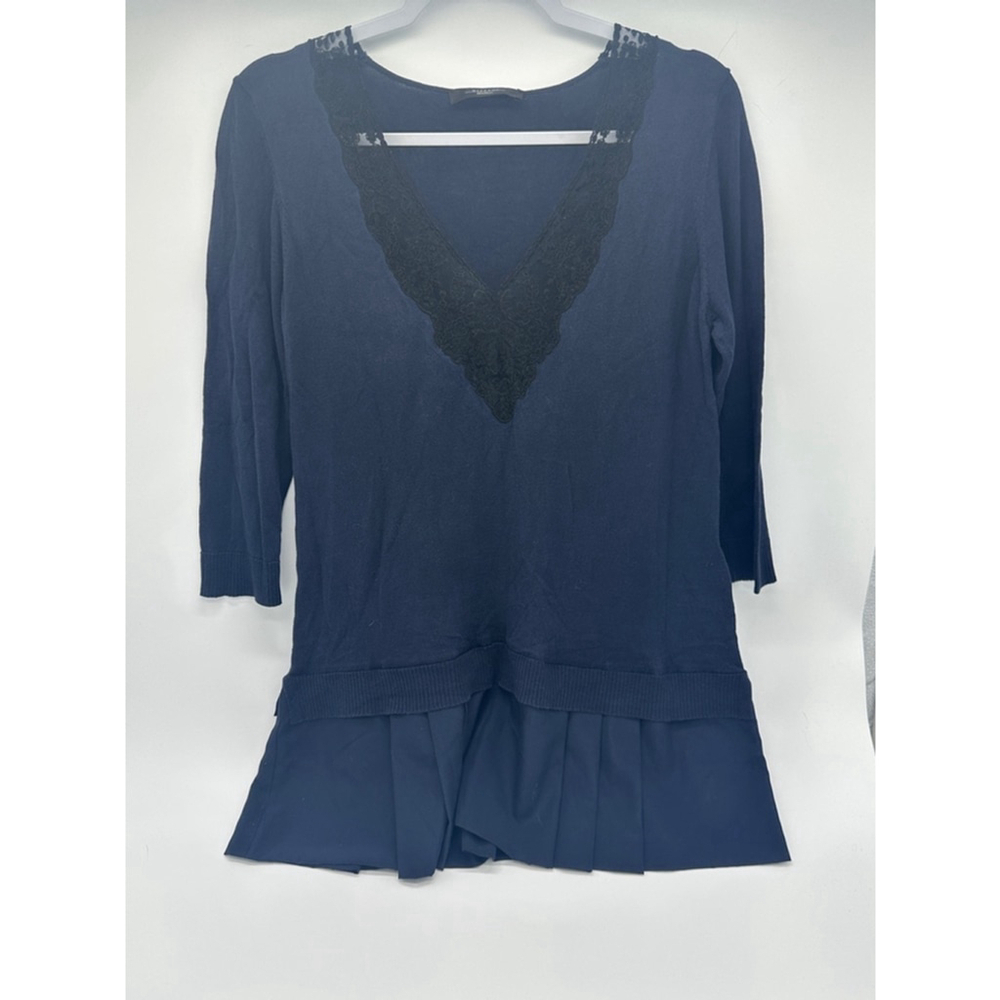 Weekend MaxMara Silk Cotton Tunic Top Sz L Navy Lace Trim Pleated Hem 3/4 Sleeve - Picture 2 of 7